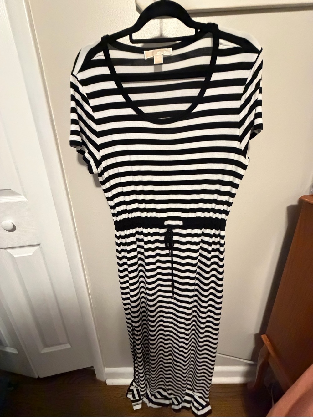 Michael Kors Black & White Striped Short-Sleeve Maxi Dress